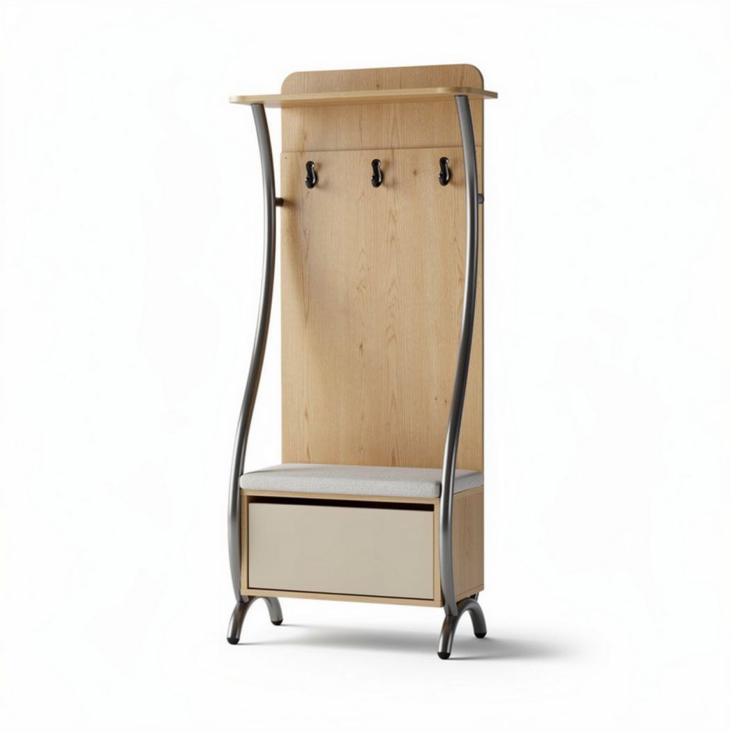 Wood and Metal Hallway Coat Rack with Seat – 180 x 80 x 40cm
