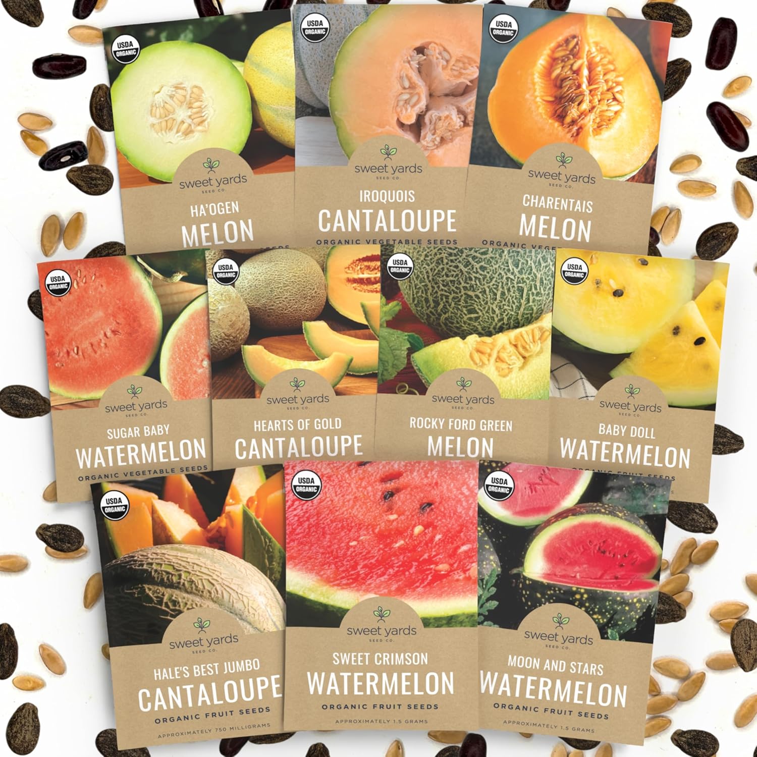 Organic Melon Seeds Variety Pack - 10 Individual Packs - 2026 Season - Sugar Baby, Charentais, Hearts of Gold and More! for Indoor  Outdoor Planting (Non-GMO, Certified Organic)